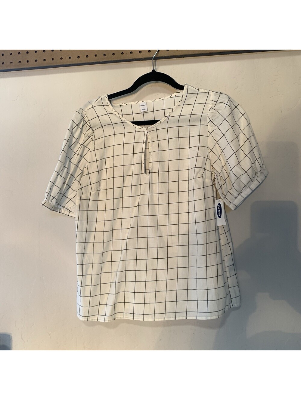 Old Navy Womens Check V-Neck Short Sleeve Pleated Woven Blouse White Black M